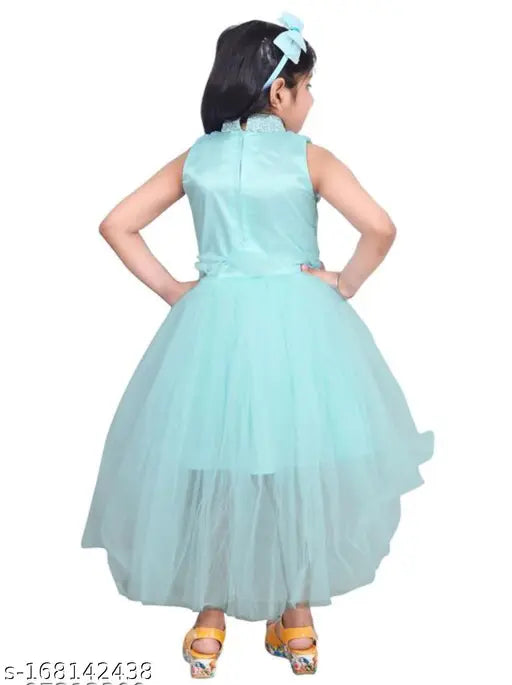 Sky blue tulle dress for kids with ruffles and a bow on back