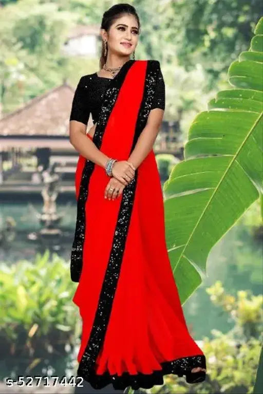 Red and black embroidered saree with matching blouse