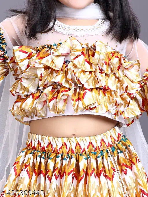 White cotton blend floral round neck Lehenga Cholis for kids, unique self-design, printed lehenga and mono net dupatta set