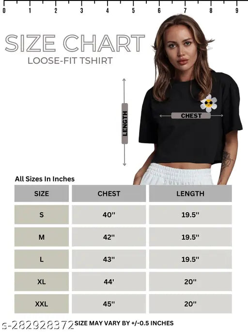 Black cotton blend oversized flower print crop t-shirt for women & girls, loose fit, comfortable, trendy design