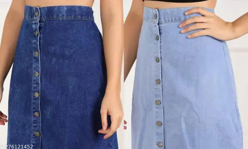 Versatile women's A-Line denim skirts, light and dark combo detailing. Solid denim, two sets available - sizes 28, 30, 32, 34, 36, 38, 40. Indian origin
