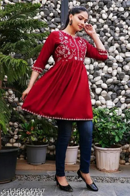 Rayon embroidered regular fit top tunic for women, three-quarter sleeves, India-made rayon embroidery short gown