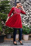 Red rayon embroidered regular fit top, short sleeve