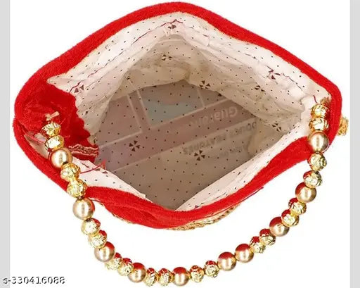 Gold embroidery on red fabric, 24-hour compartmentalized pouch, jeweled trim