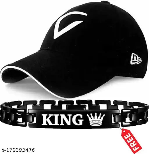 Embroidered cotton baseball cap and king bracelet set for men and boys, Indian crafted Virat style accessory