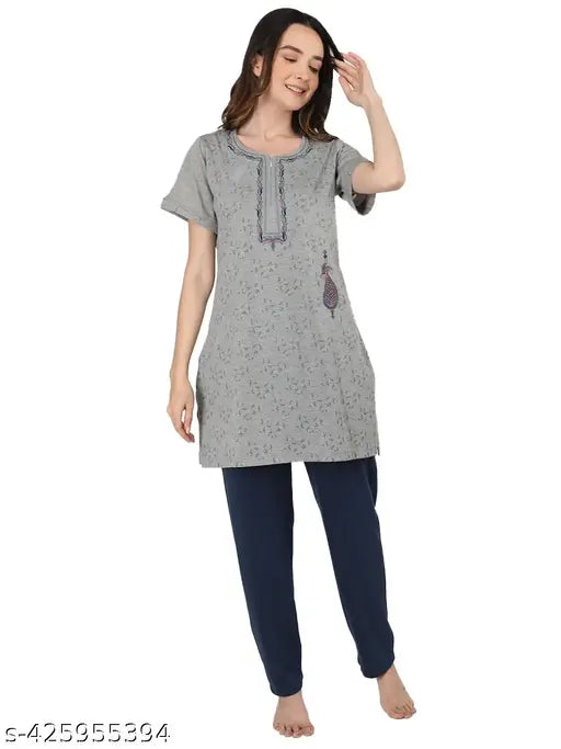 White and embellished cotton blend summer women's long-sleeve night suit set with pockets, perfect for lounging or casual wear