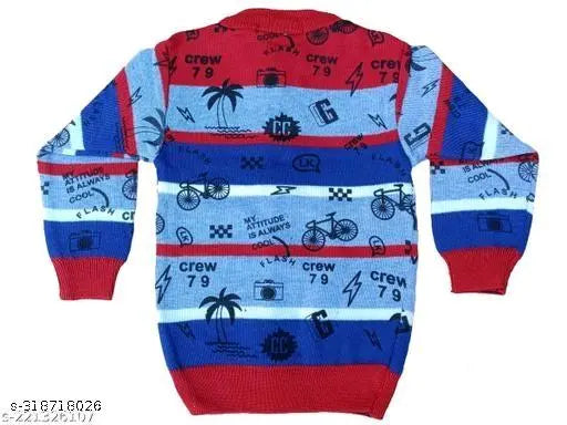 Modern wool sweaters for boys & girls, printed net design in multiple sizes from 3-4 years to 11-12 years. Made in India