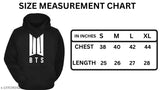 Navy fleece BTS printed hoodie, perfect for unisex winter wear, featuring kangaroo pockets and a fashionable round neck