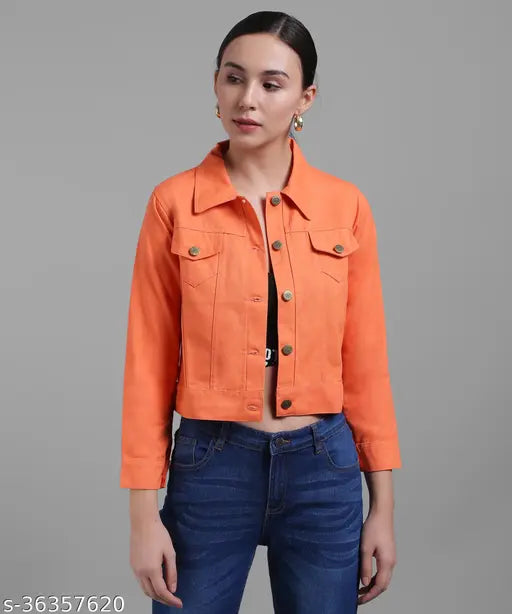 Orange cotton 3/4th sleeve denim jacket for women, sophisticated style and full sleeves, Casual wear from Saman Fashion
