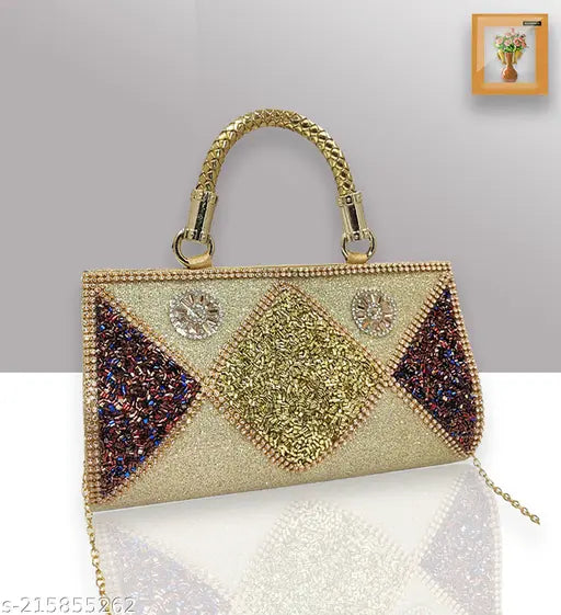 Gold sequined clutch with a triangular design and multiple decorative elements