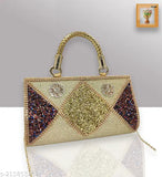 Gold sequined clutch with a triangular design and multiple decorative elements