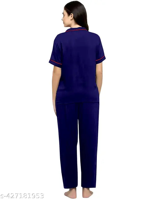 Imported satin printed-net collared night suit in M, L, XL, XXL sizes, India origin