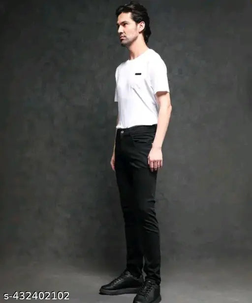 Black denim men's regular fit jeans, durable and versatile for everyday wear, size 24-34