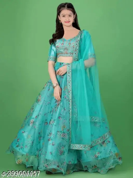 Organza net embroidered frill unstitched Lehenga, Choli & Dupatta set, machine washable Indian Leheriya design for girls aged 3-14 years