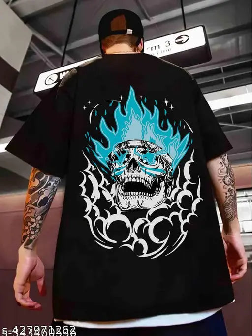 Men's black cotton blend, oversized round neck t-shirt with printed skull design, India origin