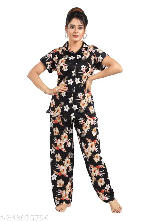 Women's printed satin nightsuit set, coord set for women and girls with short-sleeved shirt and pyjama bottoms in a patterned design. Set includes two pieces (M, L, XL, XXL). Indian origin