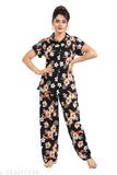 Women's printed satin nightsuit set, coord set for women and girls with short-sleeved shirt and pyjama bottoms in a patterned design. Set includes two pieces (M, L, XL, XXL). Indian origin