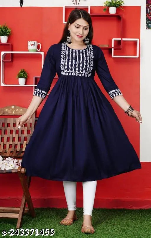 Embroidered rayon Anarkali kurti, stunning traditional look, three-quarter sleeves, S-XXXL sizes available