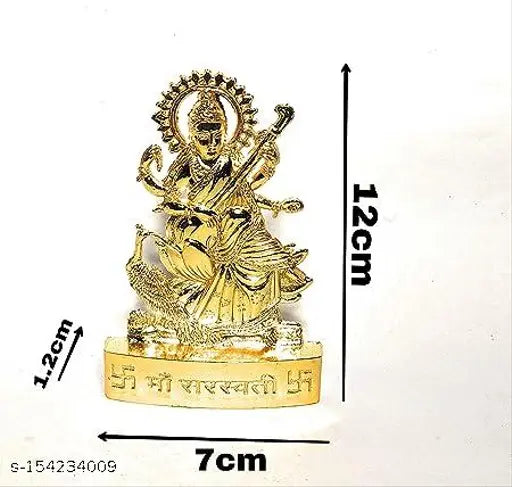 Gold-plated brass Saraswati statue, Indian temple decor for car dashboard or home altar, 10cm x 10cm x 7cm