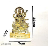 Gold-plated brass Saraswati statue, Indian temple decor for car dashboard or home altar, 10cm x 10cm x 7cm