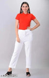 White pure cotton women's trouser pant for daily wear, elastic side pockets, comfortable flex fabric
