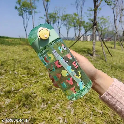 Multicolor ABCD-themed kids sipper bottle, 450ml capacity, leak-proof, push-button operation, ideal for learning and portability