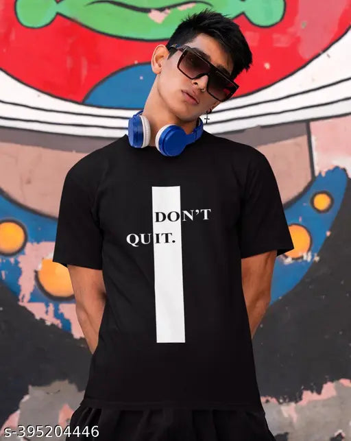 Midnight black, super soft cotton casual t-shirt with "Don't Quit" graphic print, 100% cotton, short sleeves, regular fit, India origin