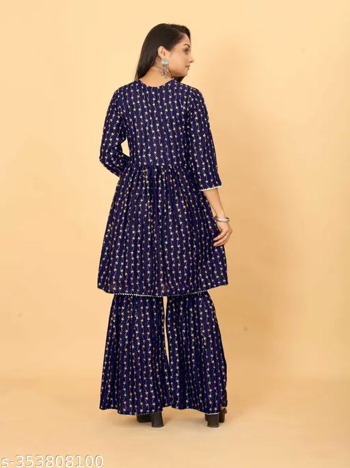 Blue and white cotton foil print kameez sharara set, elegant Indian women's outfit