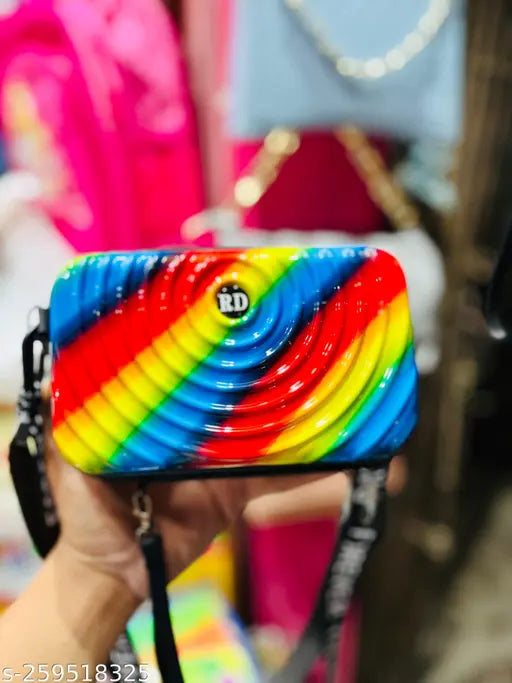 Colorful plastic purse with rainbow design, rectangular shape