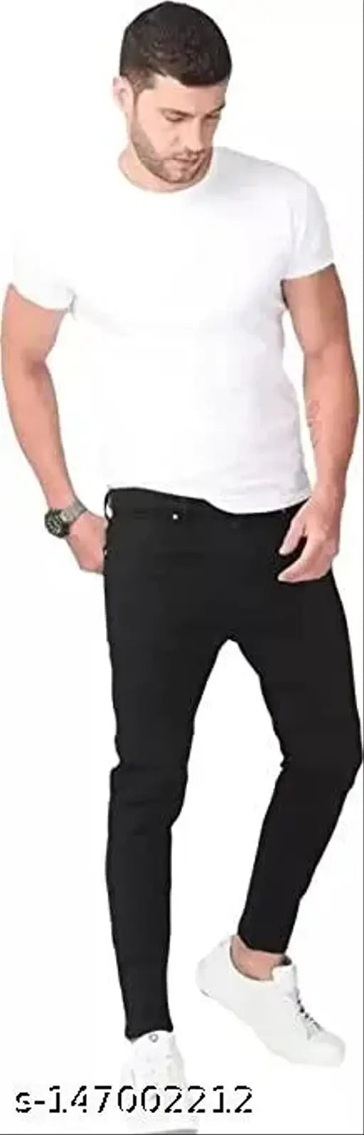 MARKVIEW black denim slim fit men's jeans - solid style, hand wash only, size 28 (waist 28in, length 39in), India origin