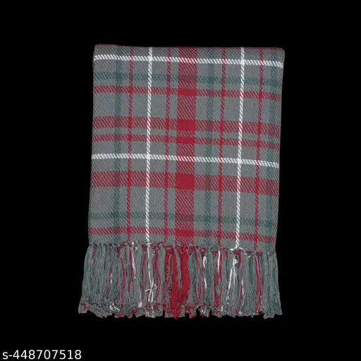 Christmas Red Grey Woven Cotton Throw, checked pattern with flower border, elegance for home decor (50in x 70in)