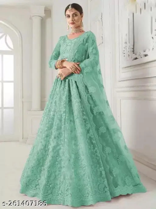 Acrylic embellished heavy lehenga set with net dupatta, semi-stitched, country of origin: India" (109 characters)