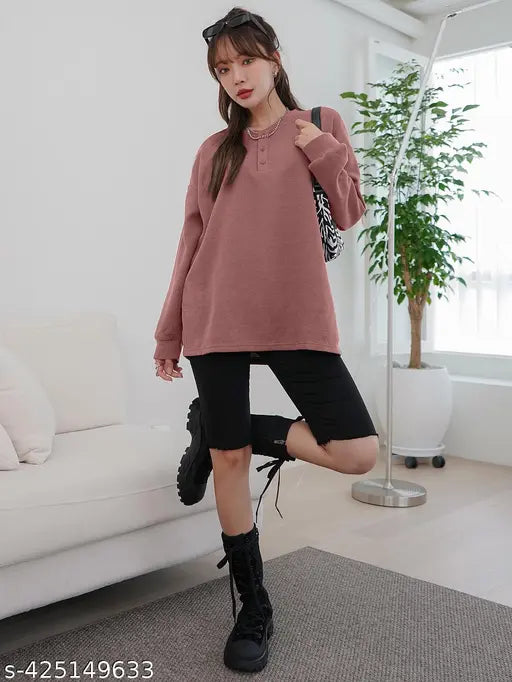 Oversized waffle neck long sleeve women's casual winter top, brownish-red, short sleeves