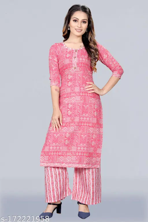 Printed net, cotton blend round neck kurta with palazzos, Indian women's fashion