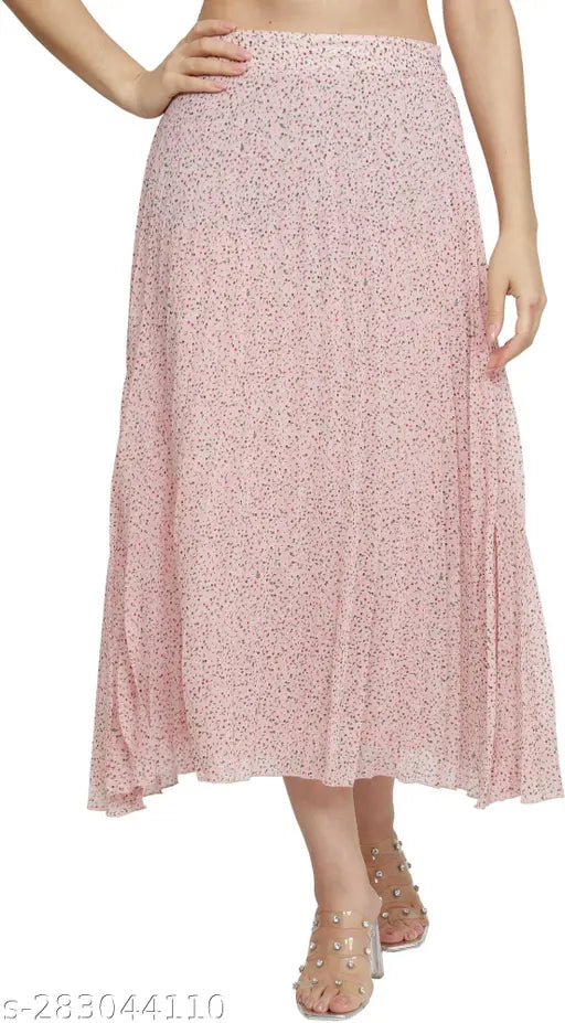A woman wearing a long pink skirt with white floral print