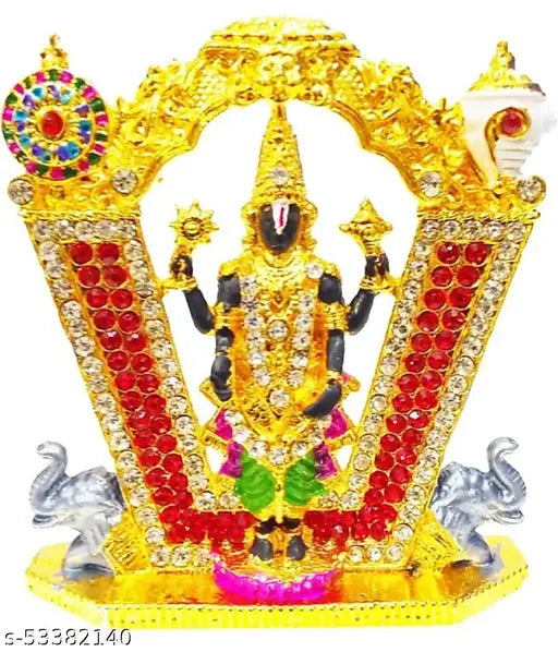 Gold plated Tirupati Balaji idol, stone finish decorative showpiece for car dashboard, Hindu religious figurine