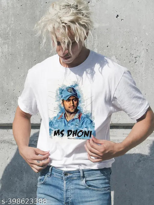 Ms Dhoni photo printed cotton blend t-shirt for men - round neck, half sleeves, regular fit, stylish, ultra soft, comfortable, lightweight