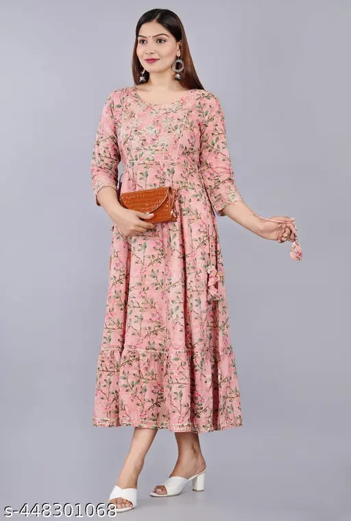 Rayon embroidered women's anarkali style kurta with flowers print and deep neck, three-quarter sleeves, S to XXXL sizes