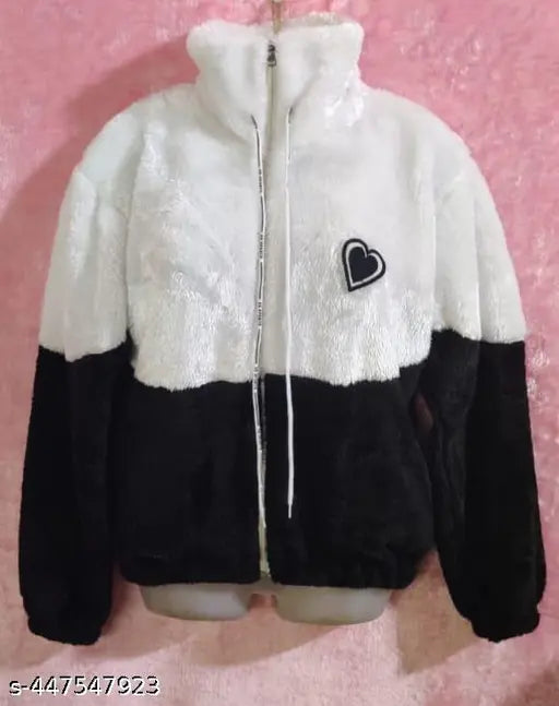 Colorblocked wool jacket for girls, long-sleeved and trendy hoodie for winter, made in India (size S, bust 36in, length 25in, waist 34in, hip 38in, shoulder 12in)