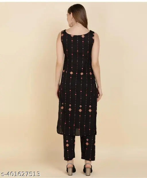 Black star-printed viscose rayon kurti plazo set with matching pants for girls and women