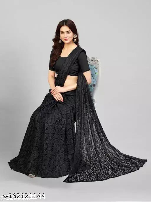 Fancy plain rasal net saree with embroidered running pattern blouse, Indian handcrafted traditional clothing