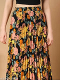 Black floral pleated maxi skirt, crepe, printed net, pockets, elegant long design, versatile style for any occasion