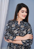 Blue printed rayon flared and sleeveless kurti for women, three-quarter sleeves