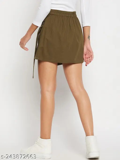 The olive green mini wrap skirt on a woman