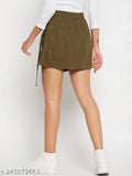 The olive green mini wrap skirt on a woman