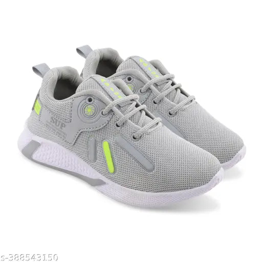 Gray and green knitted athletic running sports shoe with non-slip soles