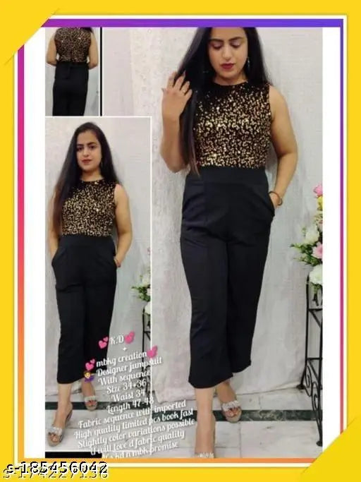Gold Lycra sleeveless sequence jump suit - stylish, elegant, comfortable for women & girls (Size: S/M)