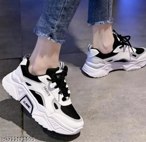 Black mesh girl's sneakers with colorblocked design, PVC sole for gym, walking, running - Megpar casual shoes