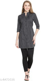 Grey checked cotton tunic top, V-neck with button front, ideal for casual wear in India
