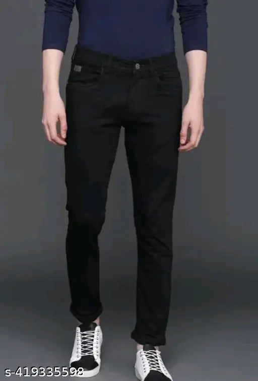 Black denim men's jeans, solid pattern, high-quality denim, trendy styling and details